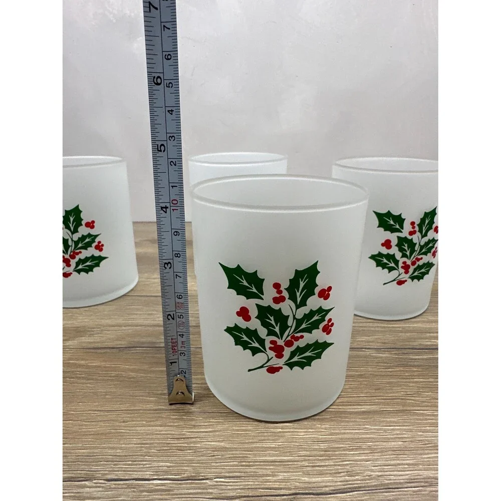 VTG Indiana Glass Frosted Holly Berry Double Old Fashioned Rocks Glasses Set/4
